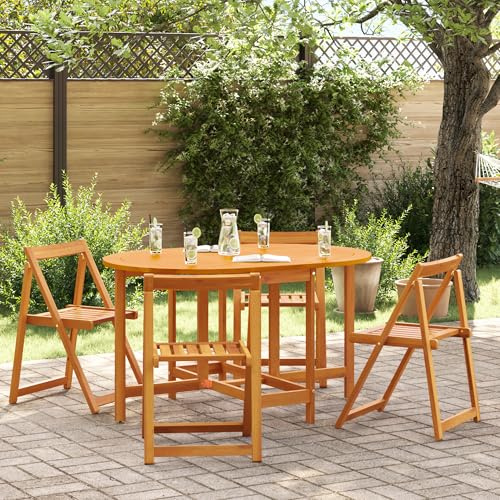 Qnhdfrt Klappbares Garten Essset Massivholz Akazie Braun Oval mit 110 cm Tisch und 4 Stühlen für Outdoor Einsatz auf Balkon Terrasse Platzsparendes Design