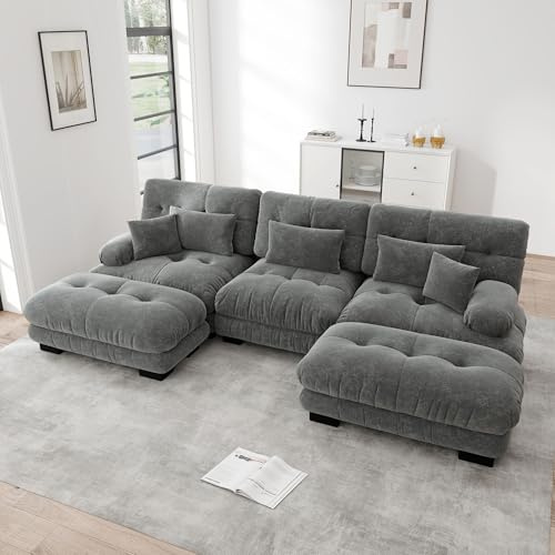 Ligterra Sofa mit Schlaffunktion, U Sofa mit Schlaffunktion, Luxuriöses Modulares Ecksofa - Übergroßes U-förmiges Cloud Couch für Wohnzimmer, Verwandelbares Schlafsofa mit Ottoman, Grau