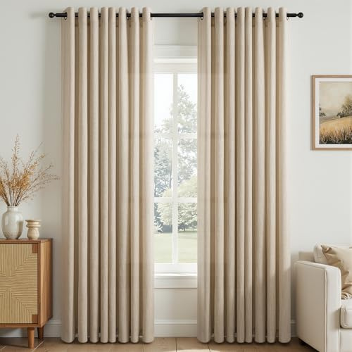 Topfinel 2 Stücke Leinen Gardinen Wohnzimmer Rideaux Chambre Adult Salon Gardinen Halbtransparent Voile Vorhänge mit Ösen Vorhang Hellbraun 140x245cm Schlaufenschal