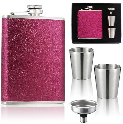Hip Flask for Liquor, Hip Flask 8Oz with 2 Small Cup and 1 Funnel, 304 Stainless Steel Portable Whiskey Flasks for Whiskey Or Other Alcoholic Beverages (Pink)
