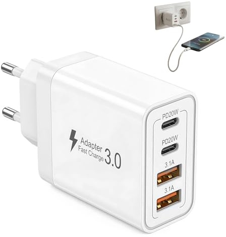 Cargador USB C 40W 4 Puertos, Cargador Carga Rapida Múltiple PD+QC 3.0, Adaptador Enchufe USB Pared Tipo C Compatible con iPhone 17 16 15 14 13 12 11, Samsung, iPad y Más
