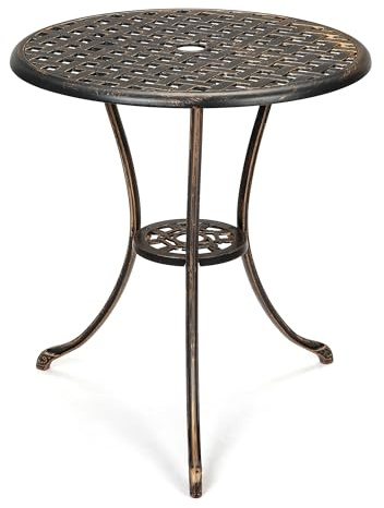 Litake Gartentisch mit Schirmloch und unterer Ablage, runder Balkontisch aus Aluminiumguss, wetterfester Terrassentisch für Garten, Balkon,Bronze Terrasse, 60 x 60 x 66 cm