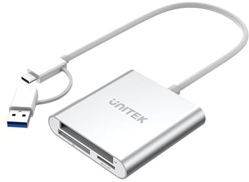 UNITEK All in One Kartenleser USB 3.0 + USB C Adapter, 5 Gbps, 3 Slots für SD/mini SD/micro SD(TF)/CompactFlash (CF)/MS für Windows PC, Mac, Notebook und TV, Silber, Aluminium