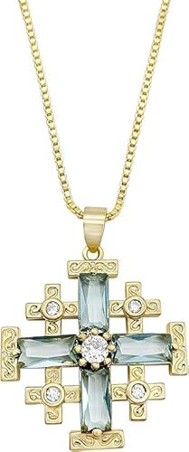 Nazareth Store Anhänger Jerusalem-Kreuz der Kreuzfahrer mit Gelbgold 18 Karat mit kristallisiertem blauem Topas und Halskette