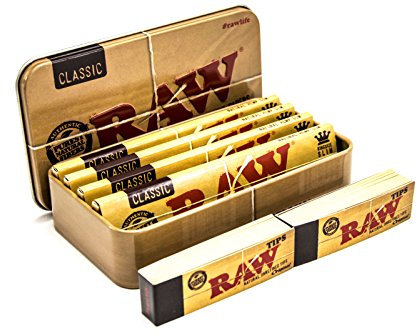RAW Classic Tabak, Zigarette, Stash und Reisedose mit 4 klassischen King-Size-Zigarettenpapier und 2 Büchern Rolling Tips, Dose, Dunkelbraun und Hellbraun, 11,5 cm