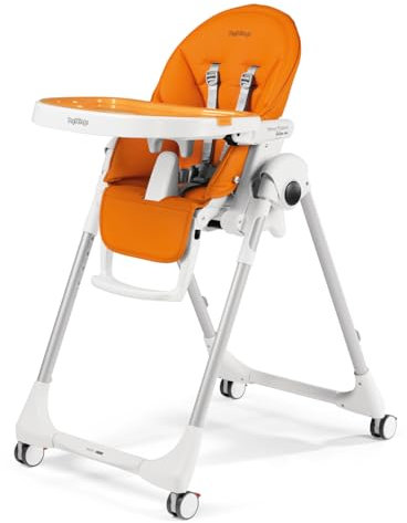 Peg Perego Prima Pappa Follow Me Seggiolone Pappa Neonati Reclinabile, Funzione Sdraietta, 4 ruote, Pieghevole e Ultracompatto, per Bambini da 0 a 3 Anni (0-15 kg), Arancia