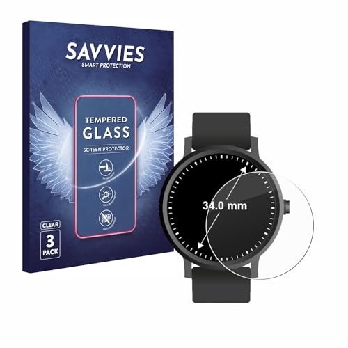 Savvies Panzer Schutz Glas für Armbanduhren (Kreisrund, ø: 34 mm) (3 Stück) 9H Hartglas, Anti-Fingerprint, Displayschutz