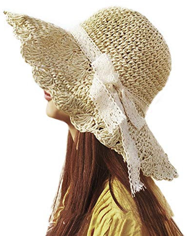 RUIXIA Chapeau de Paille Femme Bob Chapeau Femme Capeline Tresse Panama Femme Chapeau à Large Bord Anti Soleil Chapeau avec N½UD Papillon Chapeau Respirant Anti UV Capeline Femme Plage Voyage Loisir