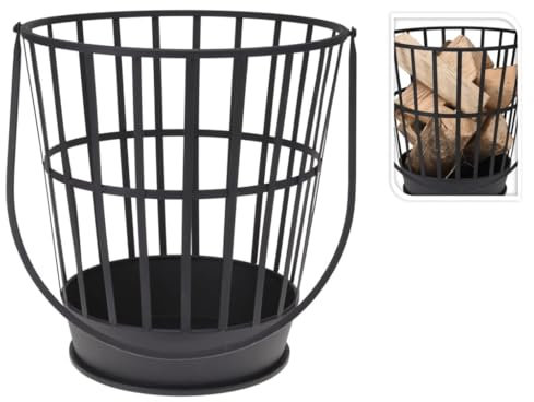 Lagerräumung - Feuerkorb rund 38xH39cm, Stahl pulverbeschichtet in Schwarz, inkl. Langen Tragegriff, Feuerstelle Holzkorb Tragekorb