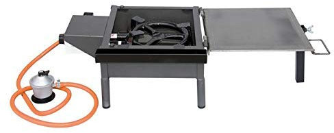 Barbacoa de Gas Portátil con Plancha Plegable de Acero Pulido | Asador de Sobremesa con Patas ideal para el Jardín de Casa | Incluye Paellero Vitrificado de 20cm + Regulador + Manguera 31x32x24cm