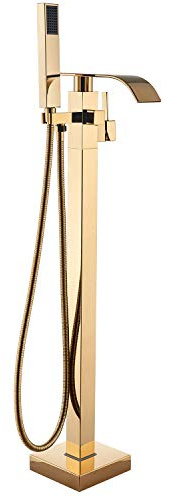Senlesen Barthroom Wannenfüller, Wasserhahn, Bodenmontage, Badewanne, Dusche, Wasserfallauslauf, freistehend, mit Handbrause, Chrom poliert gold