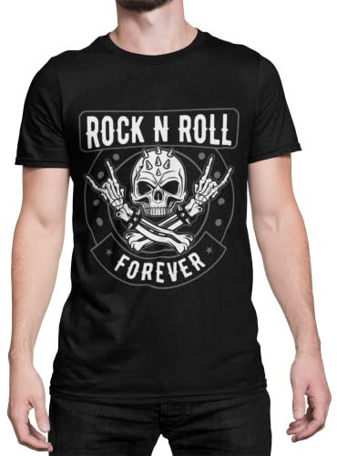 RocknRoll Forever Herren T-Shirt Geschenkidee für Rocker Männer Pommesgabel Totenkopf Skull Shirt Oberteil Bekleidung aus Baumwolle Regular Fit Schwarz Grün Weiß S-5XL