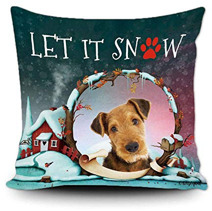 BAGEYOU Let it Snow Wurfkissenbezug Happy Winter Holiday with My Favorite Dog Airedale Terrier Schneeflocke Pfote Weihnachten Bauernhaus Dekor Home Couch Kissen Kissenbezug 45,7 x 45,7 cm quadratisch