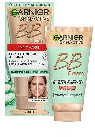 Garnier SkinActive Anti-Age BB Cream, Shade Light, Tinted Moisturiser SPF 15, Softens Fine Lines & Firms Skin, With Hyaluronic Acid, Aloe & Mineral Pigments, 50 ml