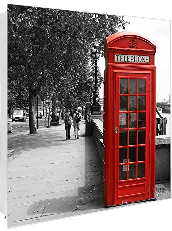 banjado® Großer Schlüsselkasten Glas/Schlüsselbox 30cm x 30cm mit 50 Haken - Motiv London Red Telephone/Schlüsselkasten modern für Schlüsselaufbewahrung mit beschreibbarer, magnetischer Glastür