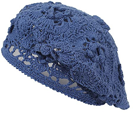 ZLYC Damen Baumwolle Häkelmütze Barette Handgemacht Retro Aushöhlen Strickmütze Frühling Sommer Leicht Elegant Baskenmützen (Solid Navy),Einheitsgröße