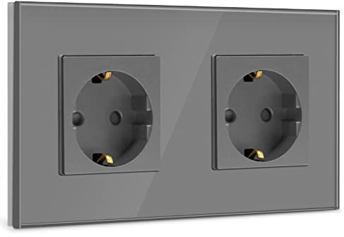 BSEED Schuko Steckdose 2 Fach Steckdose Glas Unterputz Steckdose,Steckdosen mit Kristall Glas Platte Doppel Wandsteckdosen 16Amp EU Standard Verlängerungssteckdosen Grau -157mm