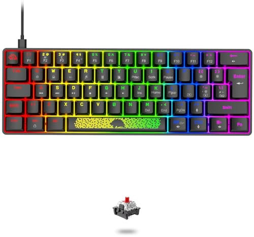 LEAVEN T60 - Mini tastiera gaming meccanica 60% Compact rgb led retroilluminata light up QWERTY - switch rossi lineari Type c Ergonomico piccola Anti-ghosting, per PC Computer Laptop Mac - Nero