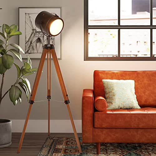 Farmhouse Tripod Floor Lamp Industrial Tall Standing Lamps for Living Room, Contemporary Adjustable Floor Lights E27 Fixture for Bedroom Black Metal Spotlights with Wooden Legs Reading Lamp for Office