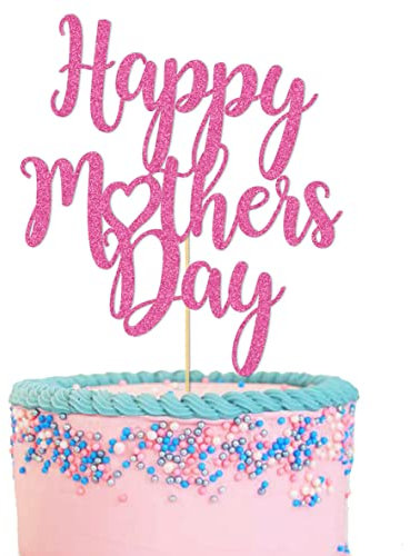 GuteGifts Happy Mother's Day Cake Topper with Love Heart Mothers Day Party Decoration Multicolour Glitter Card Made in UK 1 PC (Hot Pink)