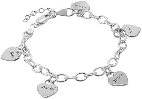 MyNameNecklace MYKA Personalisierte Gravierbares Armband mit Herz Charms aus Sterling Silber 925 / Vergoldet - Schmuck Geschenk für Damen - Mutter - Freundin (925er Sterling Silber)