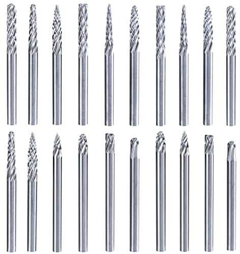 Treki Jeu de 20pcs Fraises Rotatives en Carbure de Tungstène Tige 1/8 Double Coupe Limes Rotative Fichiers pour Bijoux Verre Céramique Bois Polissage Gravure Perçage