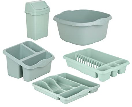 𝐊𝐢𝐭𝐜𝐡𝐞𝐧 𝐔𝐭𝐢𝐥𝐢𝐭𝐲 𝐒𝐞𝐭 For Caravan Motorhome Camper Van Holiday Home - 8L Swing Bin + 32cm Round Washing up Bowl + Small Dish Drainer + Small Cutlery Tray + Sink Tidy (Silver Sage)