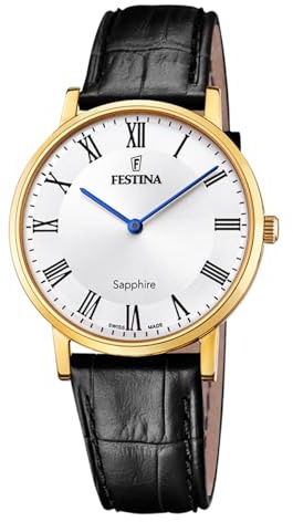 Festina Swiss Made Herrenuhr Analog aus Leder Schwarz | Quarzwerk, Widerstandsfähiges Saphirglas, Wasserdicht 5 ATM Elegant F20016/4 Classic Leather