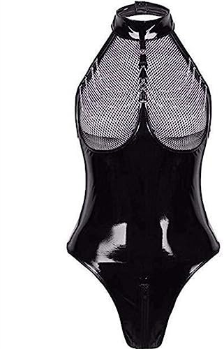 Satohom Damen Wetlook Body Leder Bodysuit Brust Harness PU Leder Halsband mit Kette Erotik String Body Unterwäsche Gogo Unterwäsche Clubwear mit Neckholder