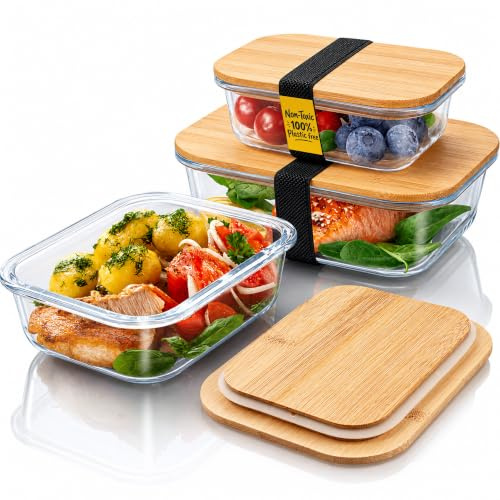 PRICE BEATER Meal Prep Glass Food Storage Containers, Food Containers with Airtight Bamboo Lids, Lunch Box, Eco friendly Glass Meal Prep Containers, with 3 Stretchable Elastic bands (Set of 3)
