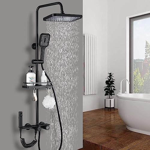 Dnkelar Colonne de Douche noir,Colonne Douche avec Mitigeur Douche Thermostatique,Système de Colonne de Douche Noire en Cuivre,avec Étagères et Cochets-Expériences de Douche Multiples
