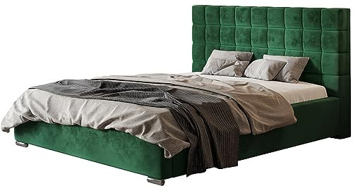 AlpiMeble Polsterbett Porto mit Kopfteil, 140x200 cm, Doppelbett mit Bettkasten und Lattenrost aus Holz, Velourstoff Grün