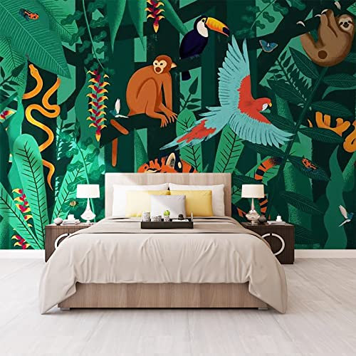 Tropical Safari Jungle Animals Wallpaper Mural for Children Bedroom Nursery 3D Cartoon Wall Paper Kids Room Background 450cm(W)×300cm(H)