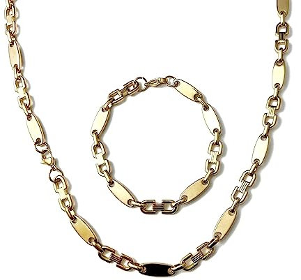 ayados Plattenkette Set Edelstahl 60cm 4mm bis 10,5mm Cuban Halskette + Armband Platten Kette (10mm x 60cm, Gold)