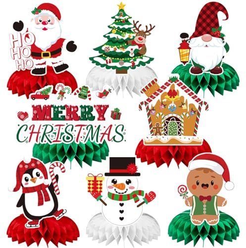 JULMELON Weihnachten Deko, 8 Stück Weihnachten Tischdeko 3D Weihnachten Waben Mittelstücke Weihnachtsmann Schneemann Tischdeko Weihnachts Deko für Weihnachtsparty