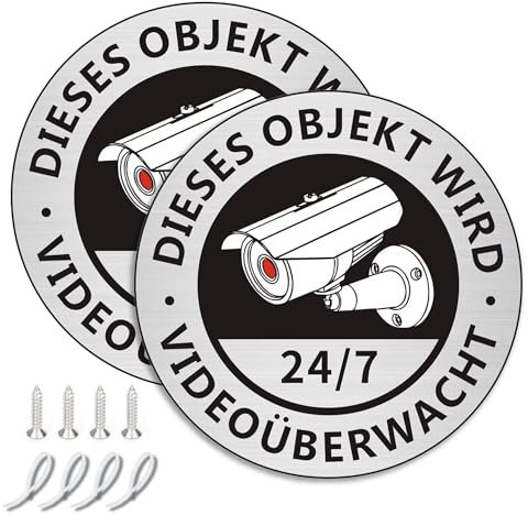 2 Stück Videoüberwachung Schild, 10 x 10 cm Großes Rundes Aluminiumschild, Achtung Videoüberwachung für Privatgrundstück mit Selbstklebend, Schild Videoüberwachung, Warnschild