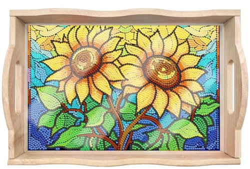 Lebartm DIY Diamant-Tablett Diamant-Malerei Sonnenblume Kreatives Design Handgemachtes Holztablett Mosaikbaukästen nach Zahlen Kits Diamant Kunst für Kaffee Wohnzimmer Heim-Organisator