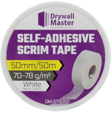 Drywall Master Scrim Tape 50mm x 50m, High Strength Self-Adhesive Fiberglass Mesh Tape For Reinforce Joint Repair, Filling Cracks, Patching Holes, Color White (Single)