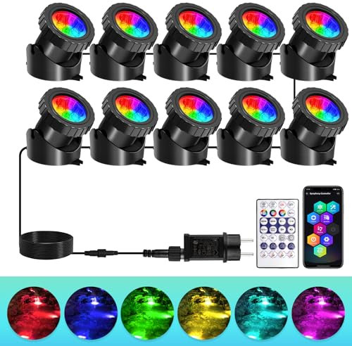 T-SUNUS Lumières LED Submersible RGB, 10 en 1 Projecteurs Lampe Spot avec Télécommandes APP Contrôle IP68 Etanche Sync avec Musique Lampes de Piscine pour Jardin Piscine Étang