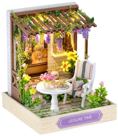 CUTEROOM DIY Miniaturhaus-Bausatz, Puppenhaus Bausatz aus Holz, Mini-Hausbausatz mit Möbeln und Staubschutz (Leisure Time)