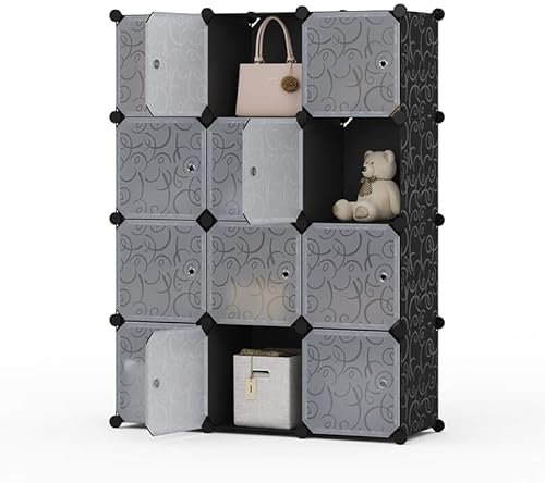 Mondeer 12 Cube Storage Units, 30x30cm Cube Closet with Door, DIY Portable Stackable Wardrobe for Shoes Toys Books, Bedroom Office Hallway Living Room, Black and White