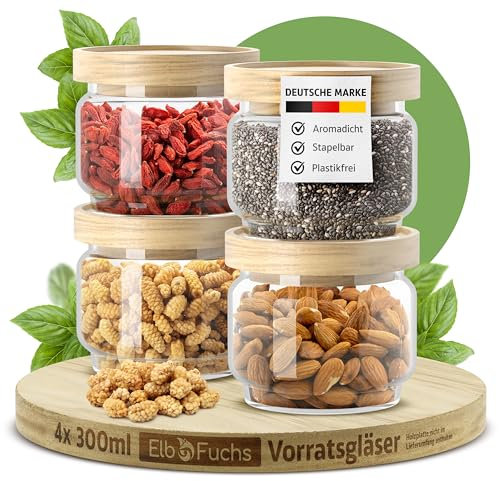 ElbFuchs® Vorratsgläser mit Deckel luftdicht NEU | 4x 300ml [BPA-FREI & MOTTENSICHER] Vorratsdosen aus Borosilikatglas mit Holzdeckel | Aufbewahrungsgläser für Nüsse, Tee, Kekse & Gewürze