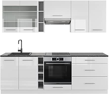 Vicco Küchenzeile Fame-Line, Küchenblock, Weiß Hochglanz/Weiß, 235 cm, AP Anthrazit