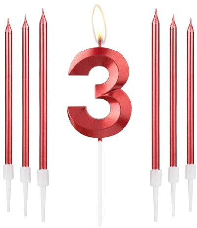 mciskin Red 3 Birthday Candles-3D Design Number 3 Candle for Cake with 6pcs Long/Thin Candles Set, Red Cake Topper for Girl 3rd Birthday Decorations Supplies,3rd Wedding Anniversary Decorations