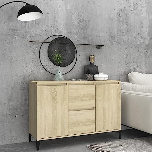TJROO Sideboard mit Schubladen mit Türen, 104 x 35 x 70 cm, Mehrzweckschrank, Kommode, Wohnzimmermöbel, Hochschrank, Eingang, Holz, Metall, Eiche Sonoma