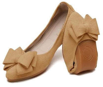 YOUNIFIZ Women Ballet Flats Foldable Fashion Bowtie Comfort Pointed Toe Slip On Ballerina Ladies Casual Comfort Faux Suede Loafers (Khaki,Size 7)
