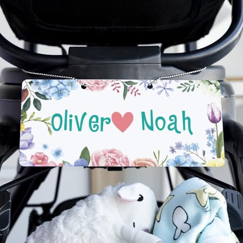 Wanapix | Personalised Name Number Plate | 21x9.5cm | Decorative Plate for Pram or Scooter | Wedding Flowers Design