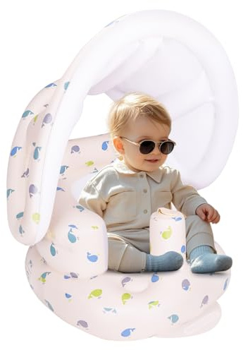 AirSwim Aufblasbarer Babysitz mit abnehmbarem Baldachin und eingebauter Pumpe, aufblasbarer Babystuhl für Babys ab 3 Monaten, Sit Me Up Stuhl für Draußen Drinnen, Bumbo-Sitz für Säuglinge, Wal