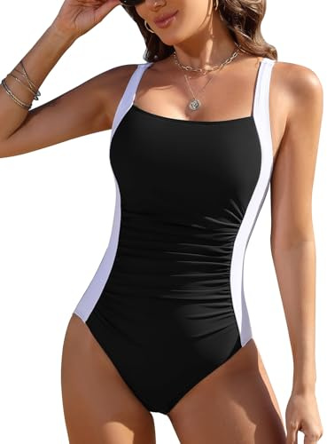 FemiChic Bañador Mujer Reductor de Vientre Plano con Fruncido Traje de Baño de Una Pieza con Cuello en U Talla Grande para Verano
