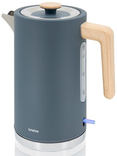 briebe Nordic Wasserkocher 1,7L Elektrischer Teekocher 2200W Schnell Aufheizender, BPA-frei, 360° Sockel, Strix Controller, Automatische Abschaltung, Kabellos, Nordisches Design, Holzoptik, Grau